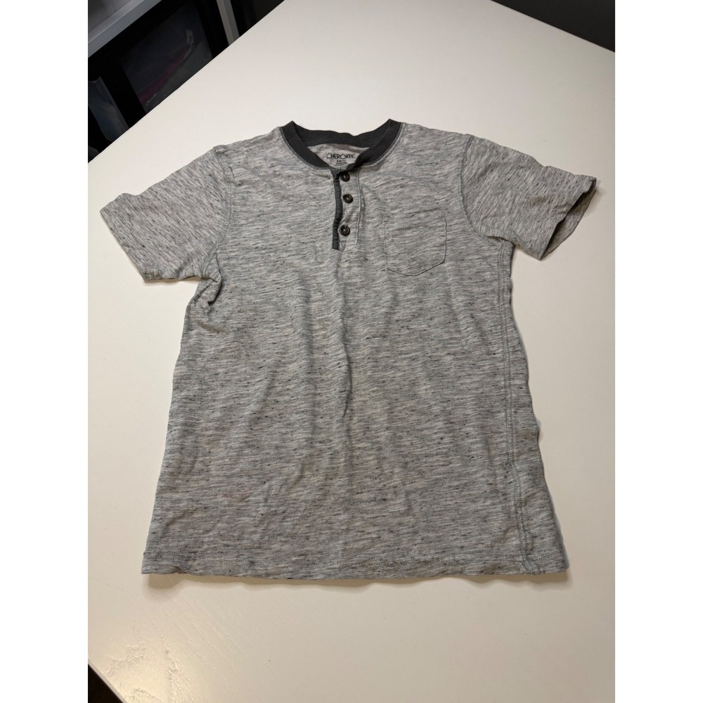 Cherokee Boys Henley Shirt Short Sleeve Heather Grey Space Dye Size S 6 7 Pocket